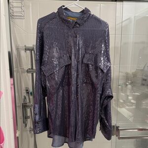 Pilcro Textured Purple Button-Down Shirt large oversized fit embellished